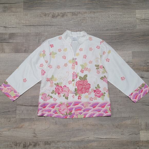 Natori VTG Size Medium Button Up PJ Asian Style Floral Kimono Top Pink Cotton - Picture 1 of 7